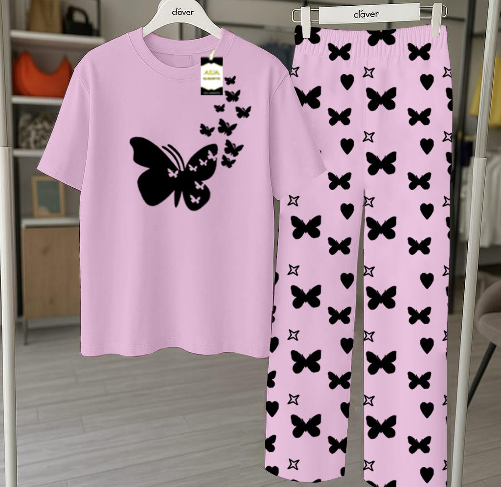 Purple Printed Nightwear Set With Star Butterfly Printed Trousers – Women's Lounge Wear