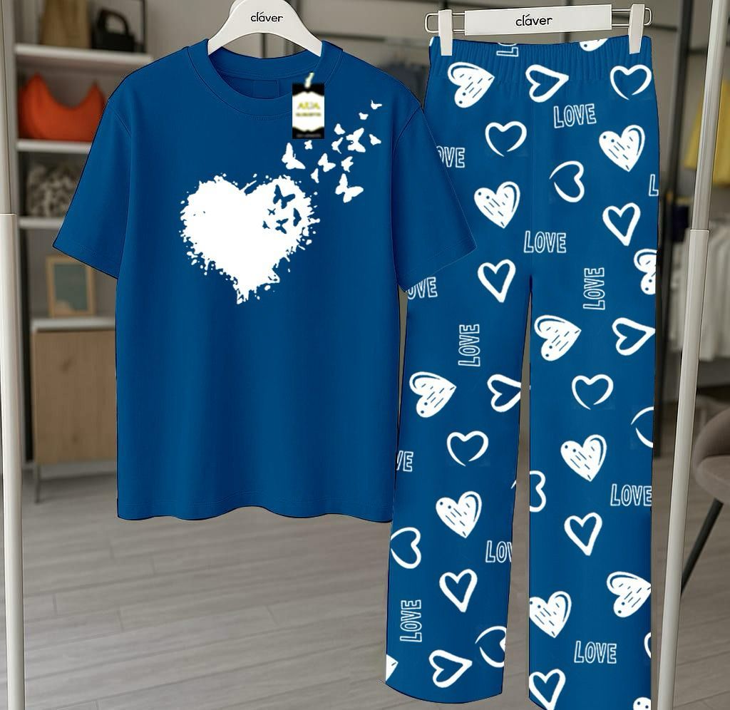 RED GOOD NIGHT Printed Nightwear Set With Love Heart Printed Trousers – Women's Lounge Wear