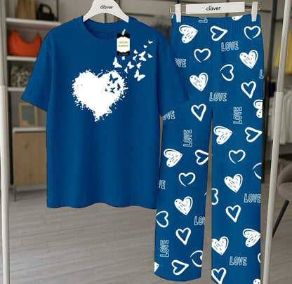 RED GOOD NIGHT Printed Nightwear Set With Love Heart Printed Trousers – Women's Lounge Wear