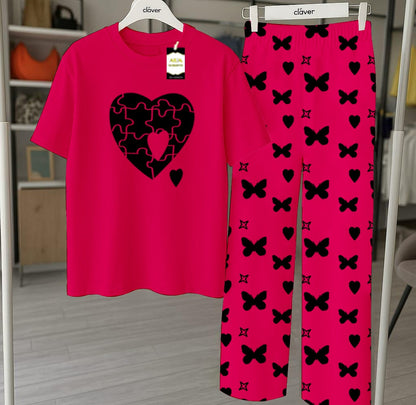 Pink  Nightwear Set With Star Butterfly Printed Trousers – Women's Lounge Wear