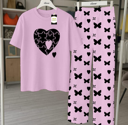Purple Printed Nightwear Set With Star Butterfly Printed Trousers – Women's Lounge Wear