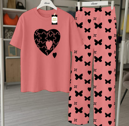 Peach Printed Nightwear Set With Star Butterfly Printed Trousers – Women's Lounge Wear