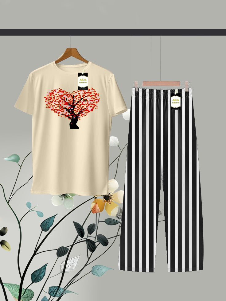 Off White Printed Linig Trouser Lounge wear Nightwear Sleepwear For Women
