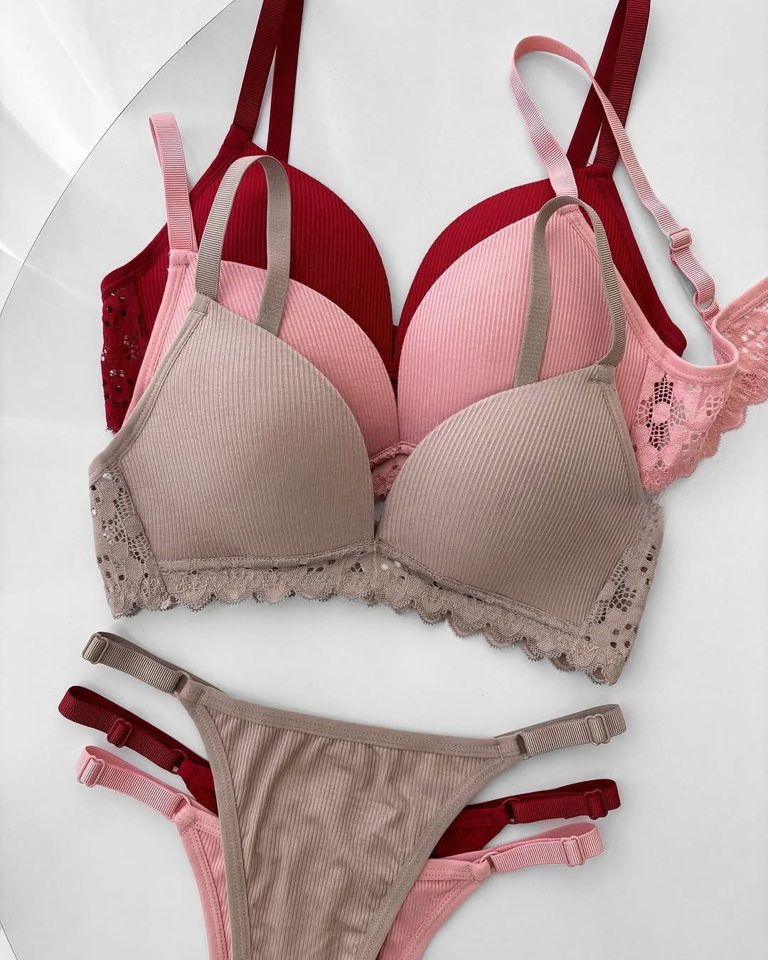 Women's Ribbed Texture Comfort Bra & Panty Set with Eyelet Lace