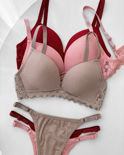Women's Ribbed Texture Comfort Bra & Panty Set with Eyelet Lace