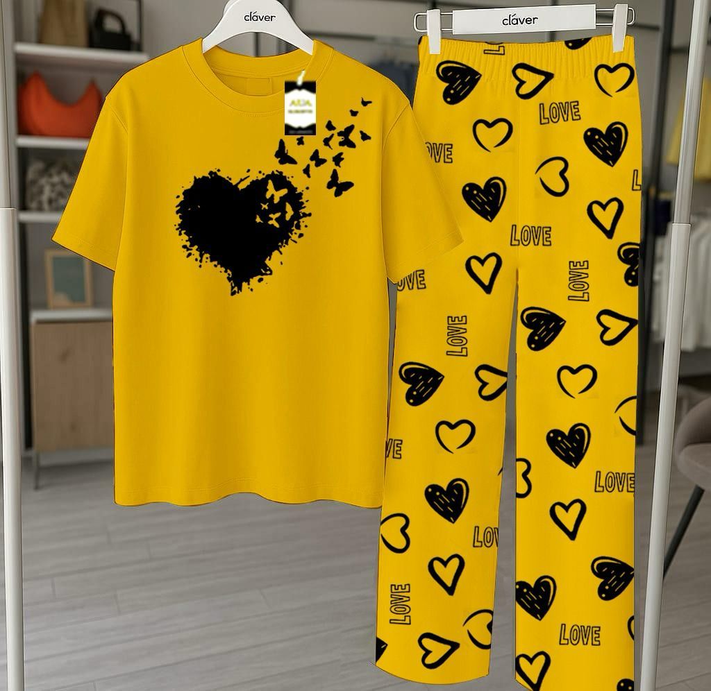 Yellow Printed Nightwear Set With Love Heart Printed Trousers – Women's Lounge Wear