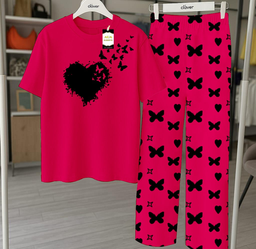 Pink  Nightwear Set With Star Butterfly Printed Trousers – Women's Lounge Wear