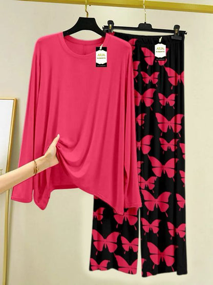 Plan Printed Nightwear Set With Black Butterfly Printed Trousers – Women's Lounge Wear