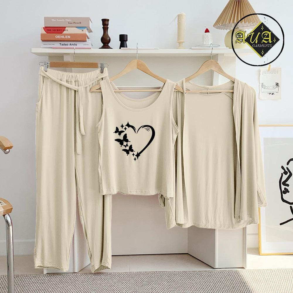 3 Piece Lounge wear Nightwear Sleepwear For Women Beige