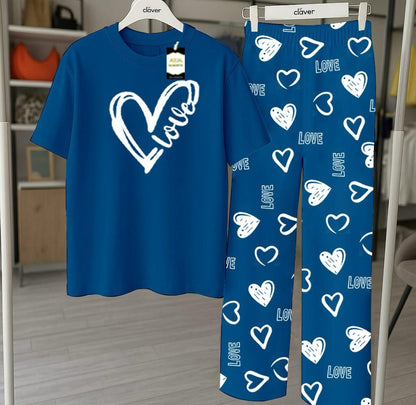 RED GOOD NIGHT Printed Nightwear Set With Love Heart Printed Trousers – Women's Lounge Wear