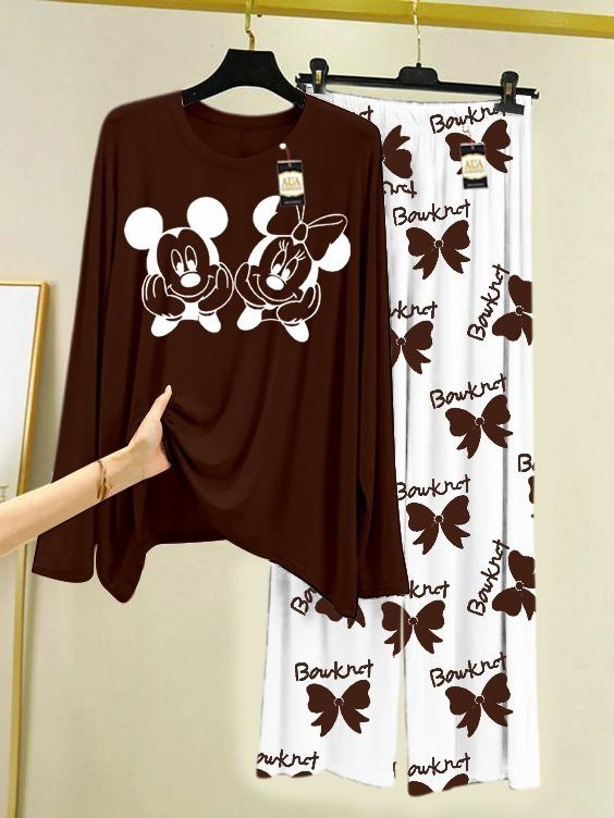 Brown  Printed Nightwear Set with Flower Printed Trousers – Women's Lounge Wear
