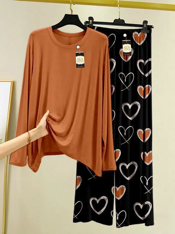 Plain Color Heart Printed Trouser Lounge wear Nightwear Sleepwear With Heart Printed Trouser For Women