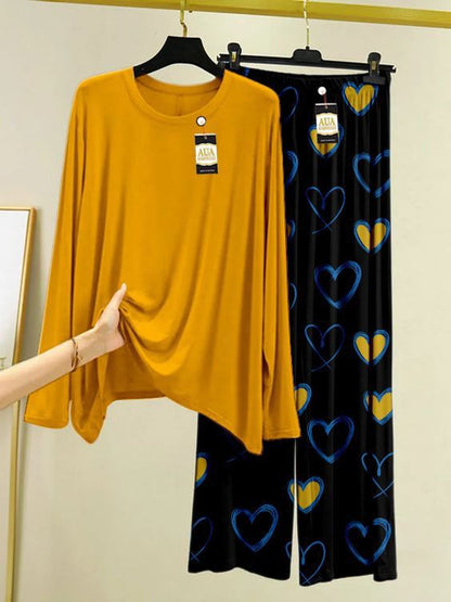 Plain Color Heart Printed Trouser Lounge wear Nightwear Sleepwear With Heart Printed Trouser For Women