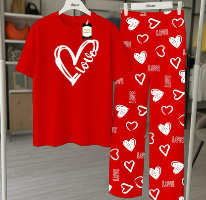 RED  Printed Nightwear Set With Love Heart Printed Trousers – Women's Lounge Wear