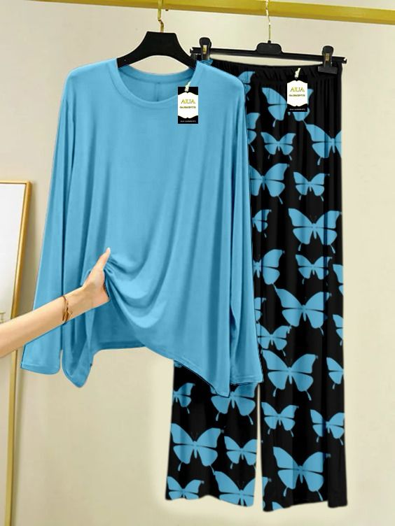 Plan Printed Nightwear Set With Black Butterfly Printed Trousers – Women's Lounge Wear
