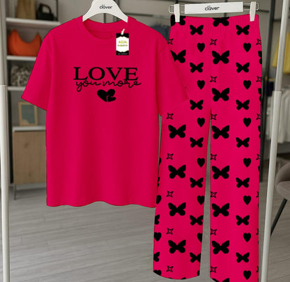 Pink  Nightwear Set With Star Butterfly Printed Trousers – Women's Lounge Wear