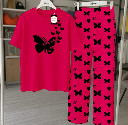 Pink  Nightwear Set With Star Butterfly Printed Trousers – Women's Lounge Wear