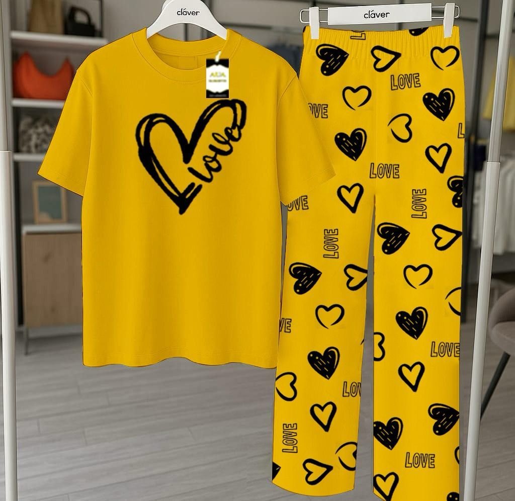 Yellow Printed Nightwear Set With Love Heart Printed Trousers – Women's Lounge Wear