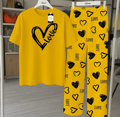 Yellow Printed Nightwear Set With Love Heart Printed Trousers – Women's Lounge Wear