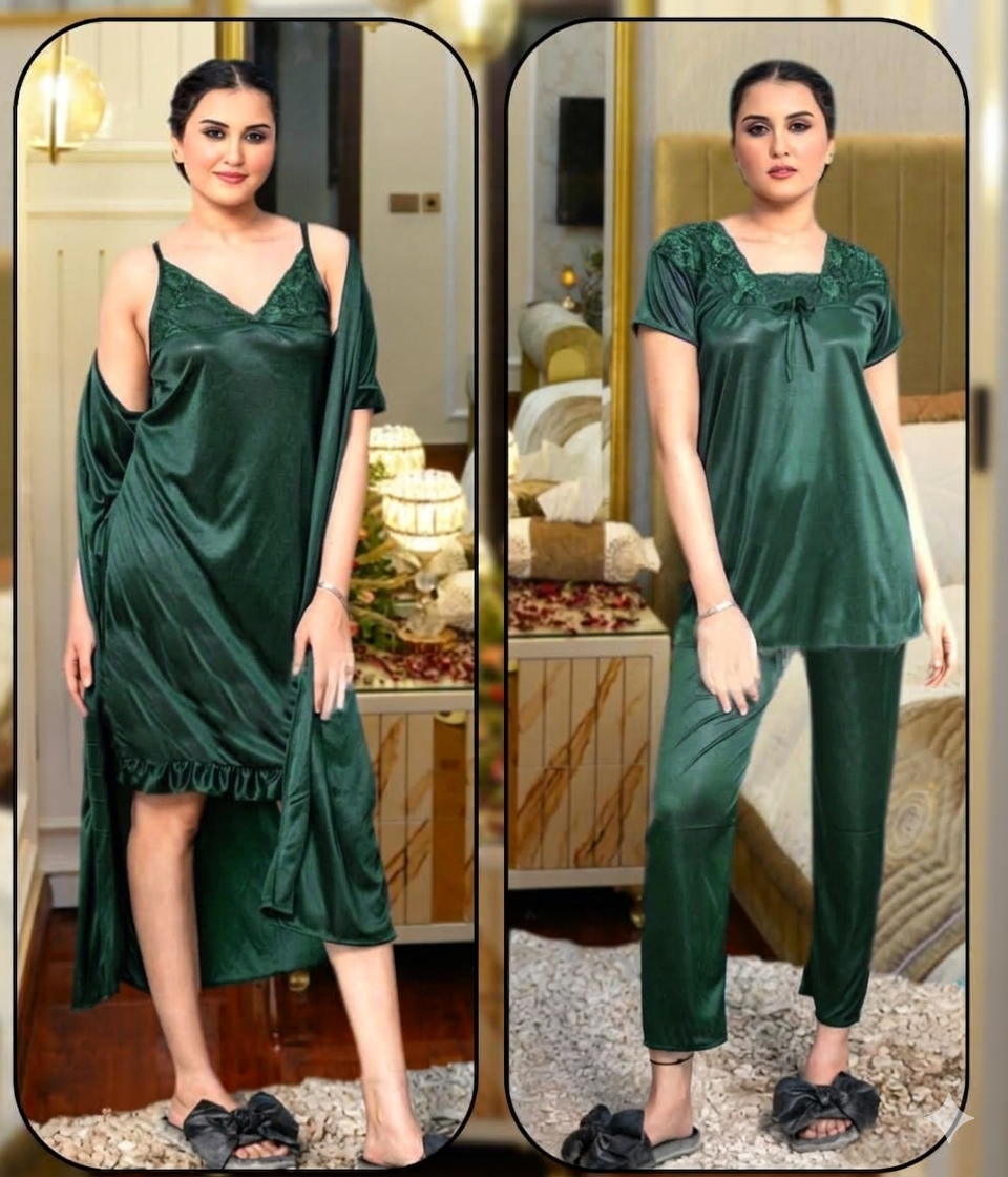 4 Pcs Satin Short Night Dress & Full Sleeves