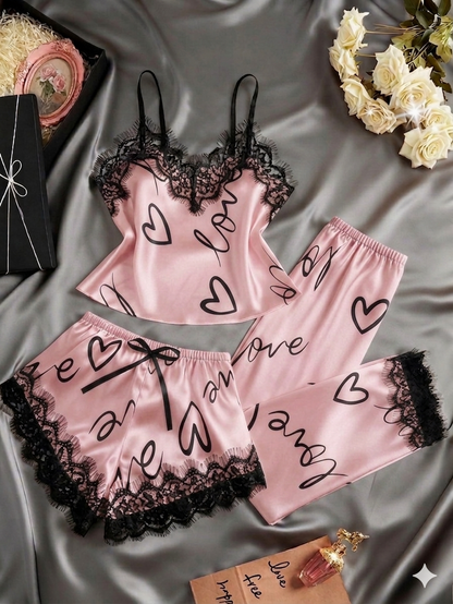 3 Pcs Silk Solid Satin Cami Set with Shorts And Trouser