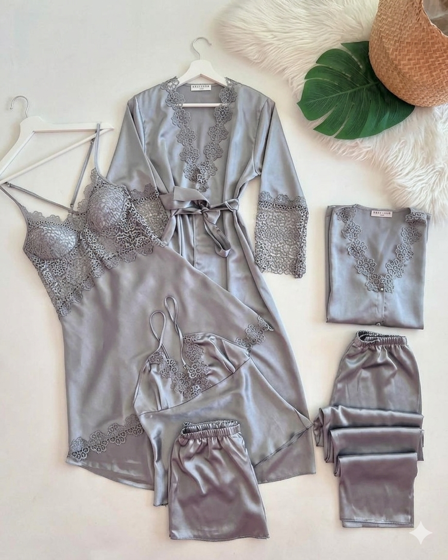 6 Pcs full-length pajama set consisting of a lace-trimmed camisole top and matching long trousers.