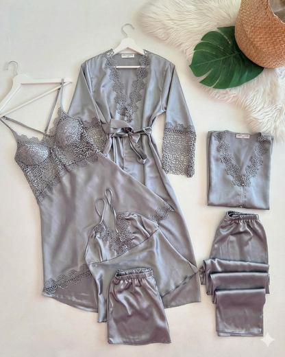 6 Pcs full-length pajama set consisting of a lace-trimmed camisole top and matching long trousers.