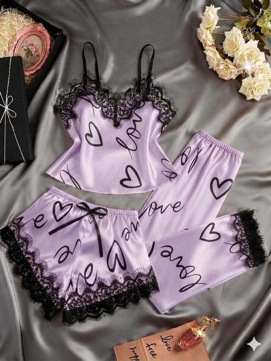 3 Pcs Silk Solid Satin Cami Set with Shorts And Trouser