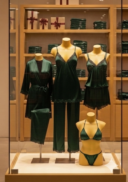 6 Pcs full-length pajama set consisting of a lace-trimmed camisole top and matching long trousers.