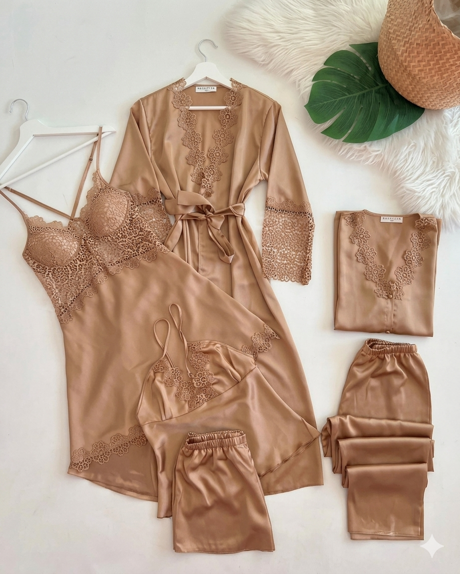 6 Pcs full-length pajama set consisting of a lace-trimmed camisole top and matching long trousers.