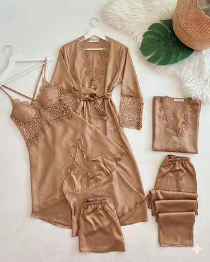 6 Pcs full-length pajama set consisting of a lace-trimmed camisole top and matching long trousers.