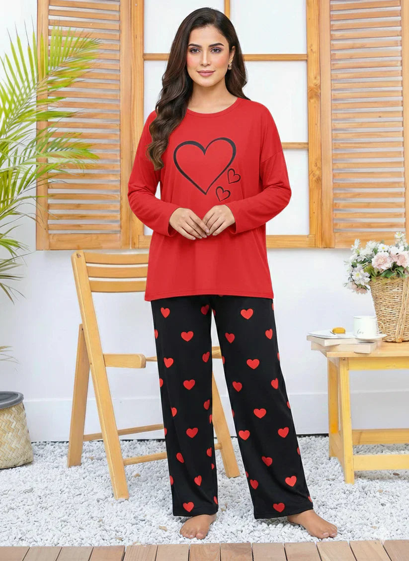 RED  Printed Nightwear Set with Black Mini Heart Printed Trousers – Women's Lounge Wear