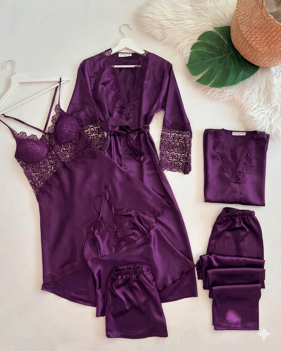 6 Pcs full-length pajama set consisting of a lace-trimmed camisole top and matching long trousers.