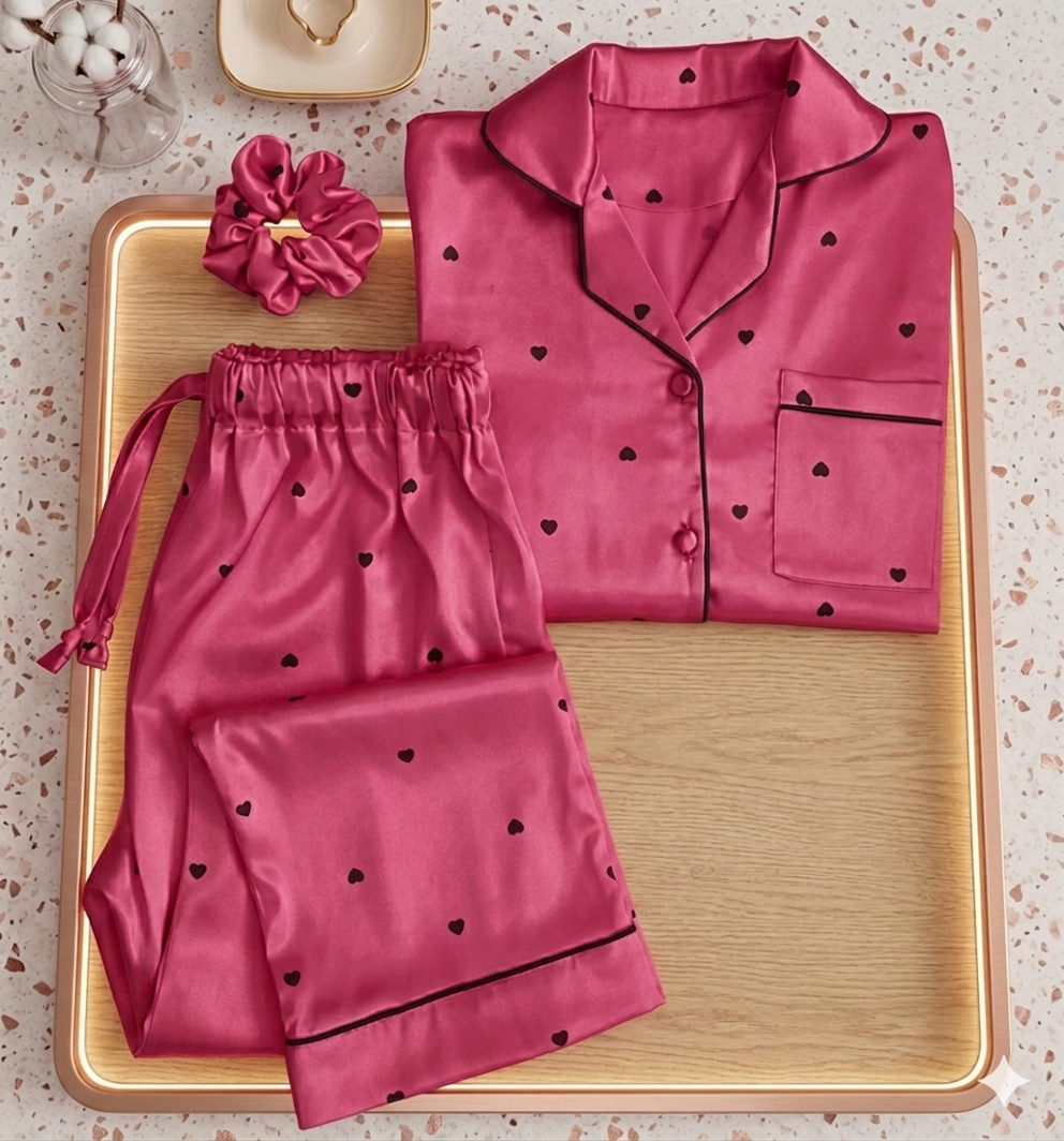 Heart Printed SIlk Night Suit For Womens Comfirt With Sleep-01