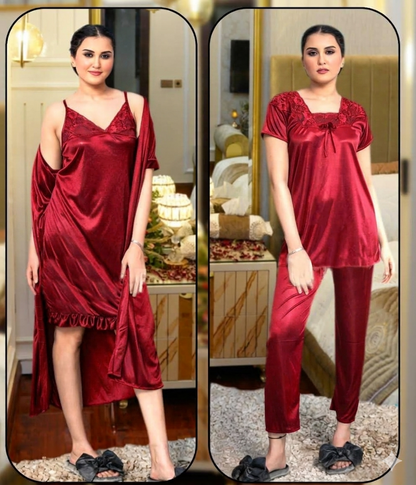 4 Pcs Satin Short Night Dress & Full Sleeves