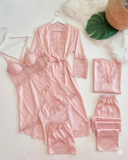 6 Pcs full-length pajama set consisting of a lace-trimmed camisole top and matching long trousers.
