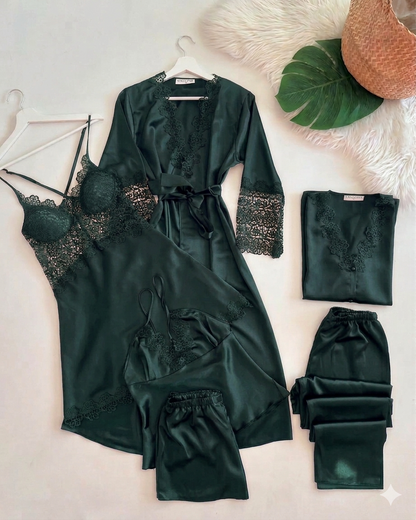6 Pcs full-length pajama set consisting of a lace-trimmed camisole top and matching long trousers.