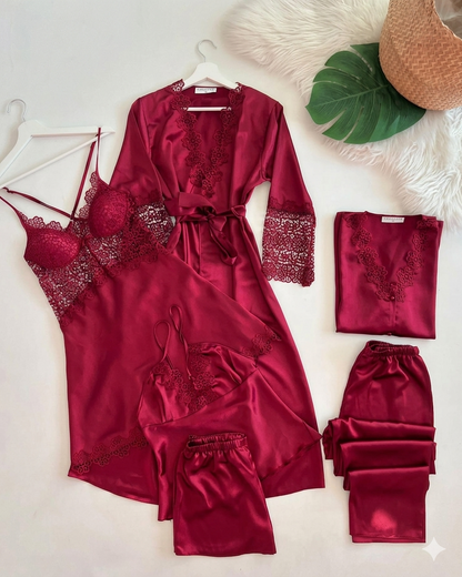 6 Pcs full-length pajama set consisting of a lace-trimmed camisole top and matching long trousers.