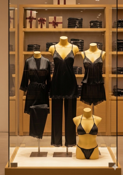 6 Pcs full-length pajama set consisting of a lace-trimmed camisole top and matching long trousers.