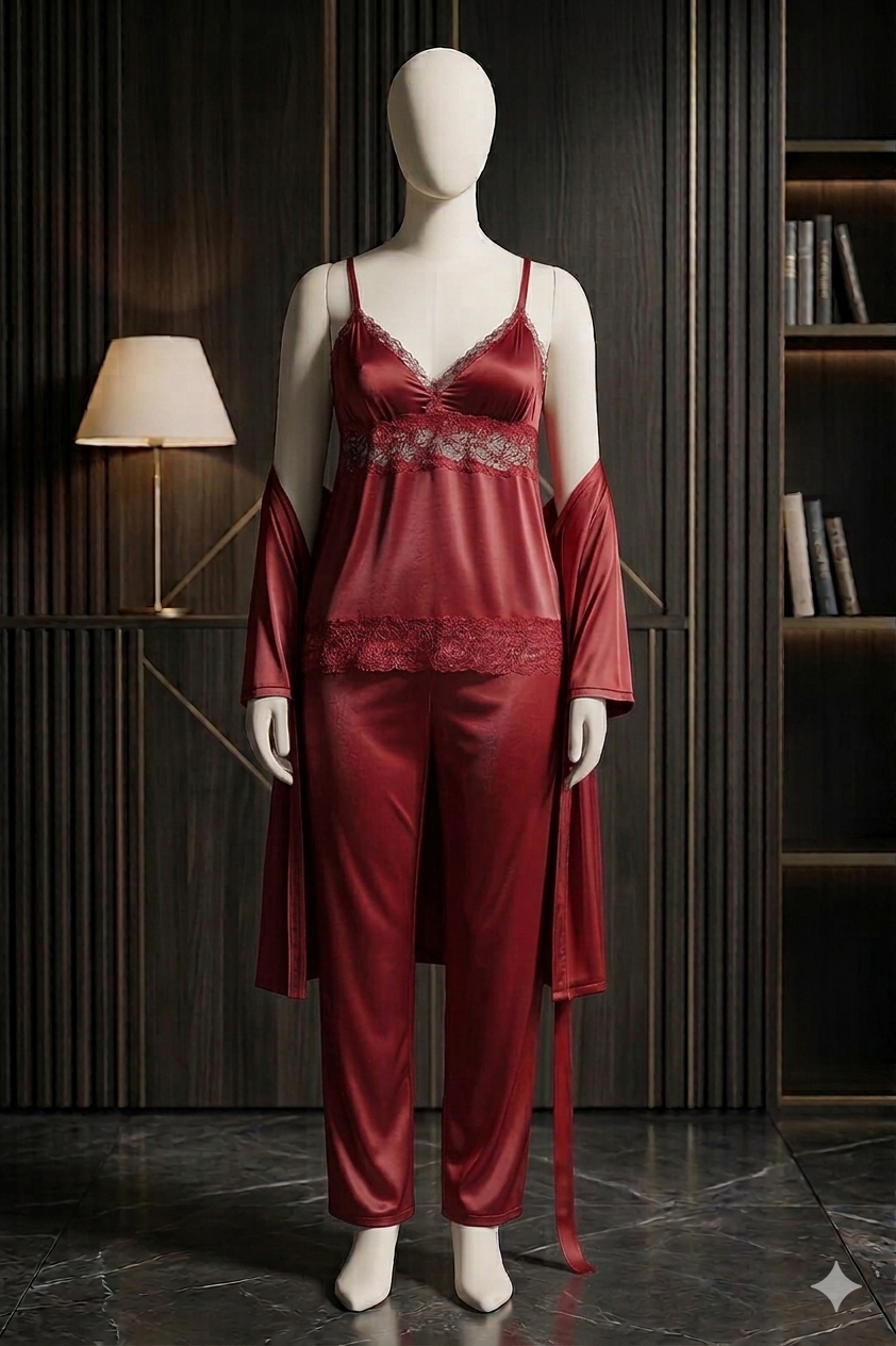 3 Pcs Sexy Slik Short Nighty With Gown