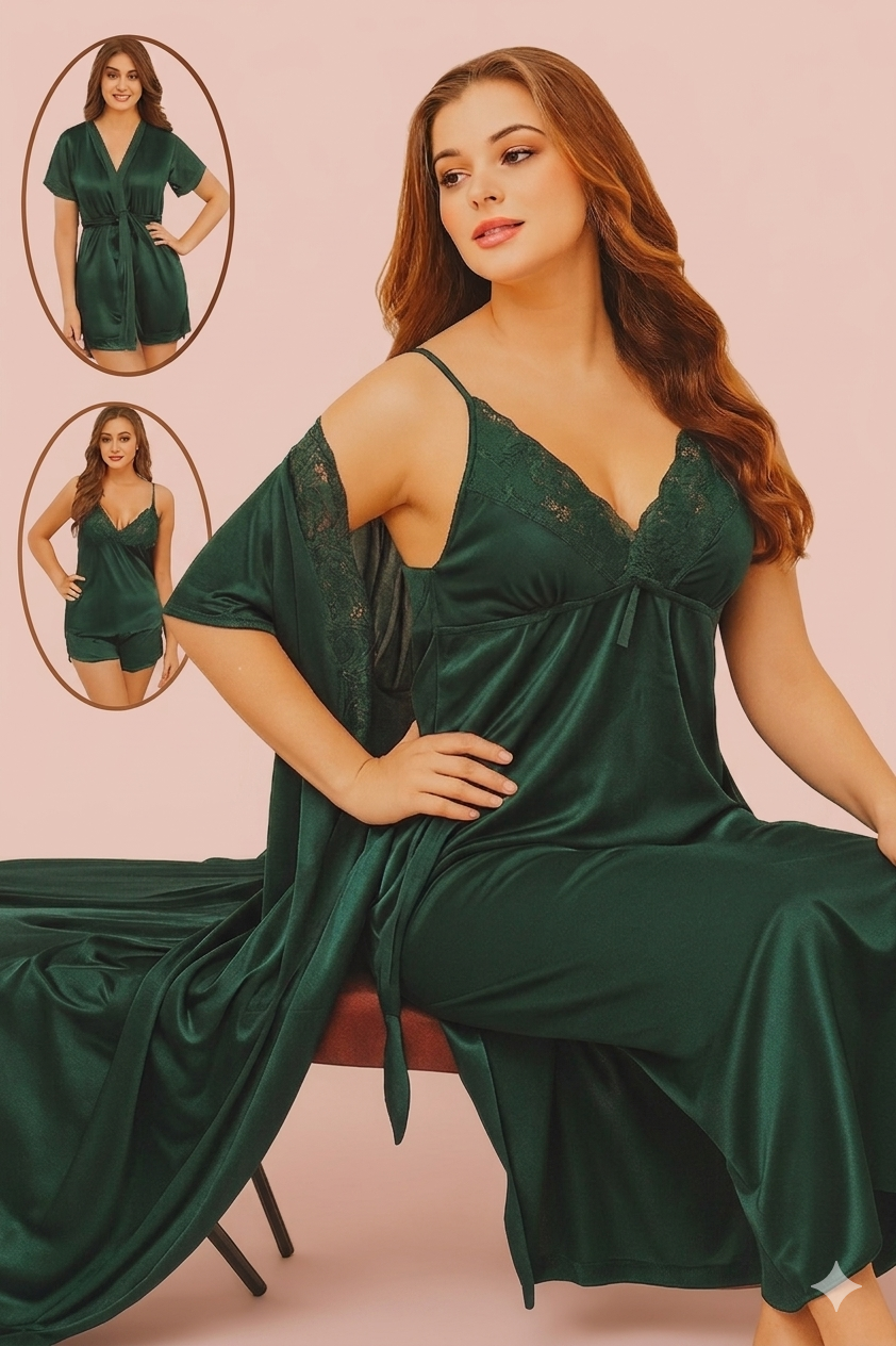 4 Piecs Sexy Slik Short Nighty With Gown