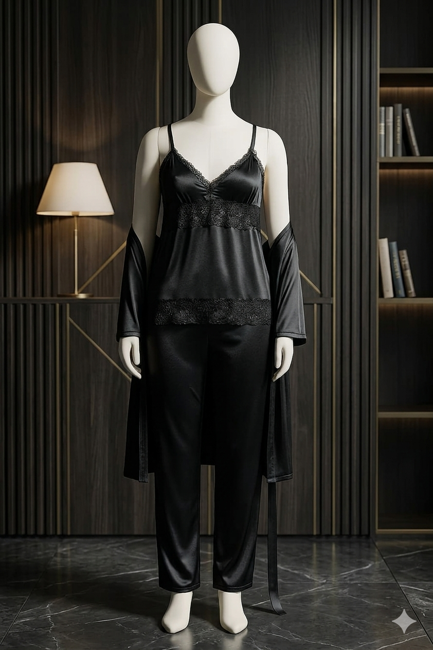 3 Pcs Sexy Slik Short Nighty With Gown