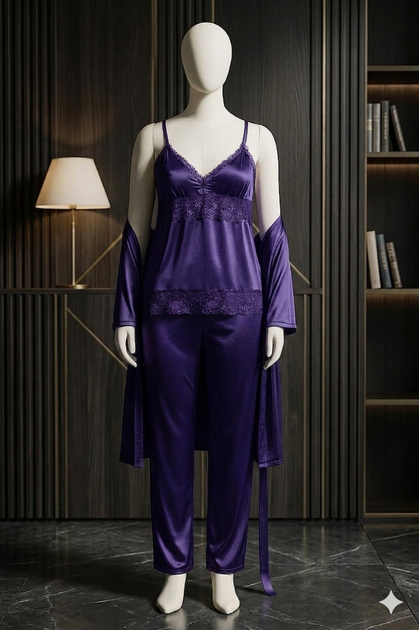 3 Pcs Sexy Slik Short Nighty With Gown