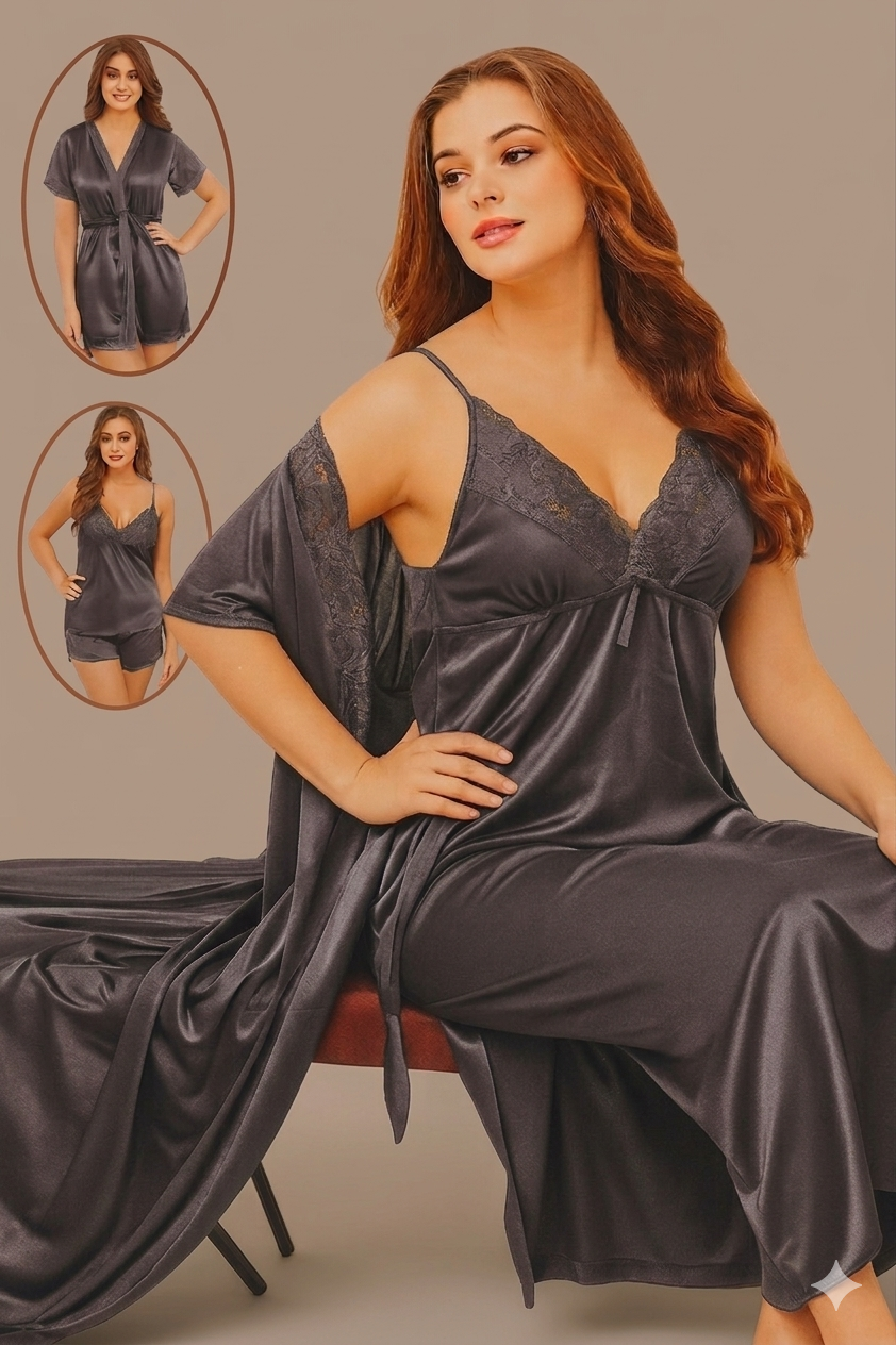 4 Piecs Sexy Slik Short Nighty With Gown