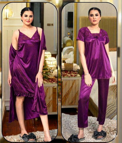 4 Pcs Satin Short Night Dress & Full Sleeves