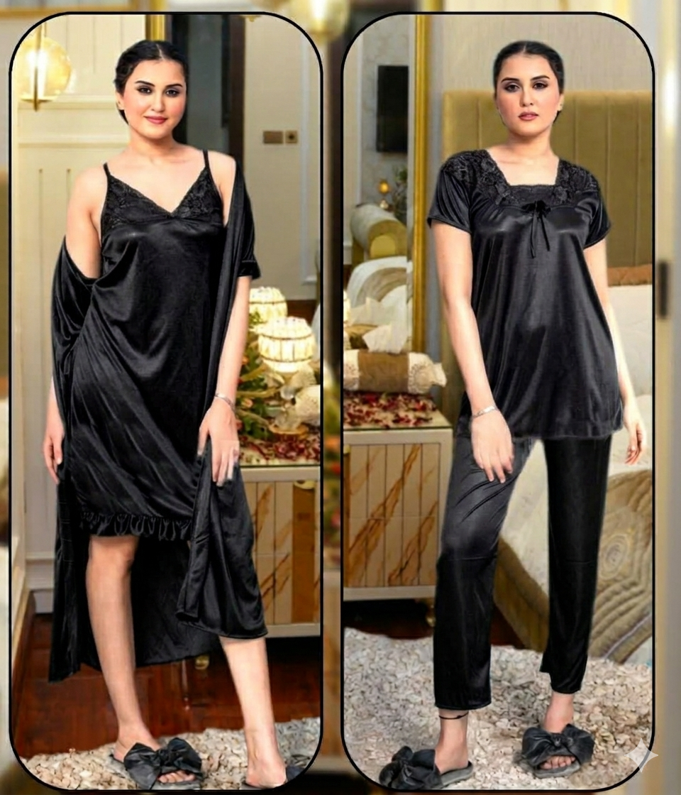 4 Pcs Satin Short Night Dress & Full Sleeves