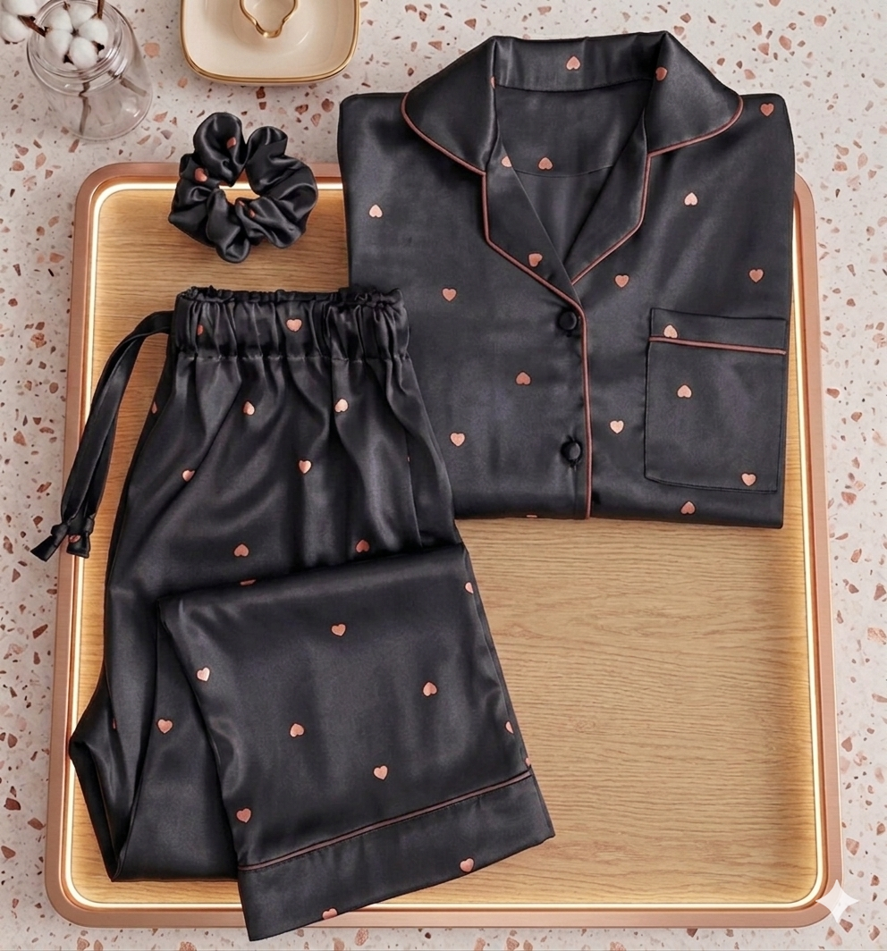 Heart Printed SIlk Night Suit For Womens Comfirt With Sleep-01