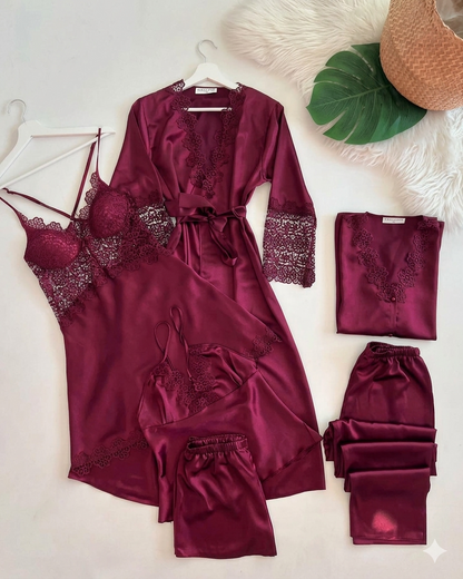 6 Pcs full-length pajama set consisting of a lace-trimmed camisole top and matching long trousers.