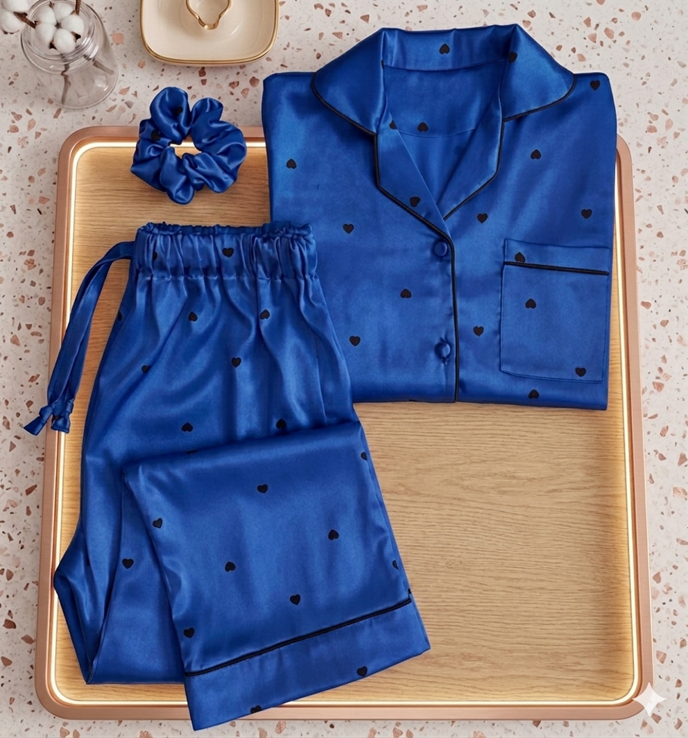 Heart Printed SIlk Night Suit For Womens Comfirt With Sleep-01