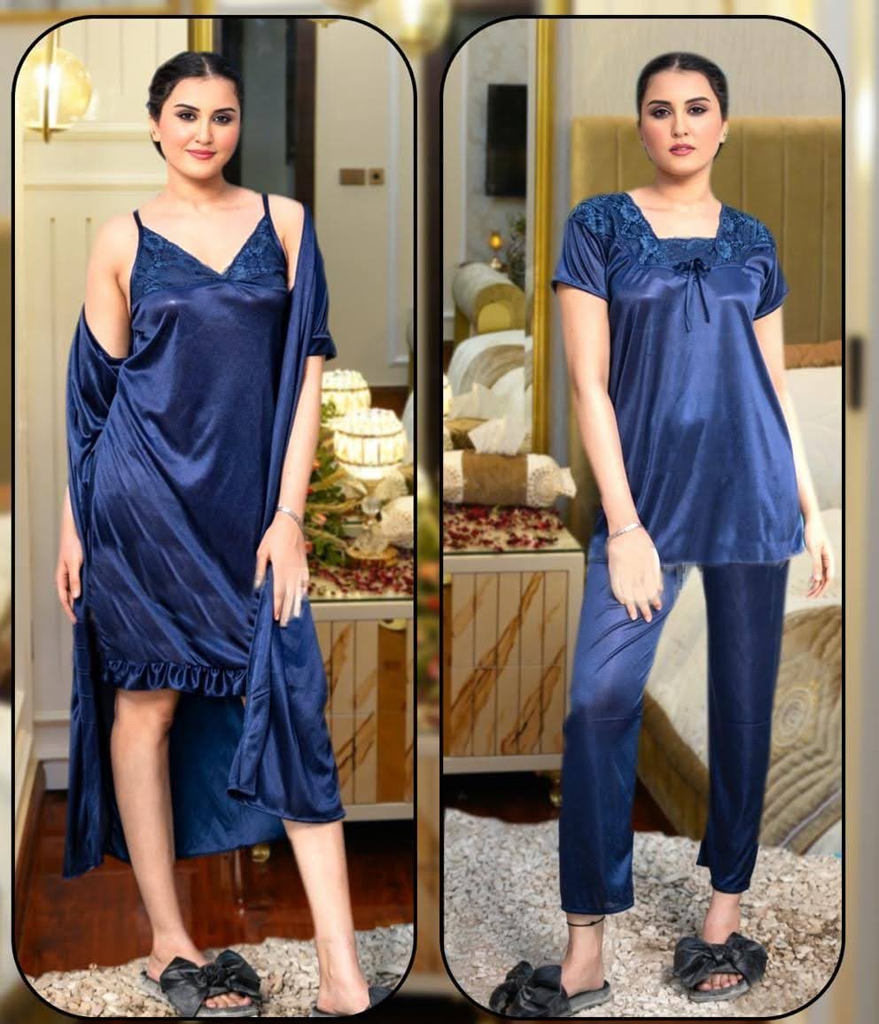 4 Pcs Satin Short Night Dress & Full Sleeves